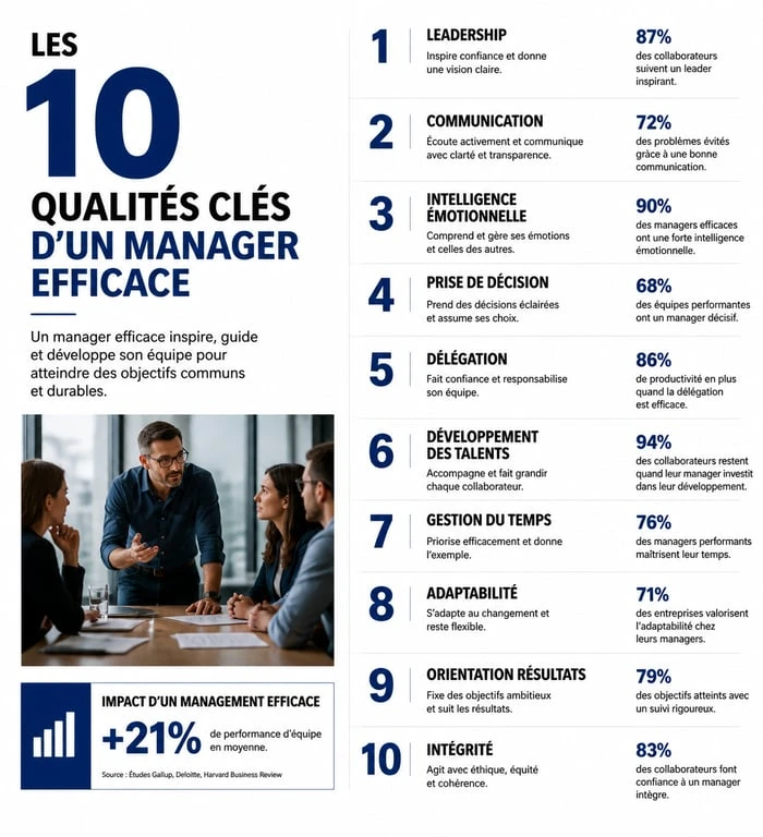 Infographie des 10 qualités du manager efficace : intelligence émotionnelle, délégation, courage managérial et leadership.