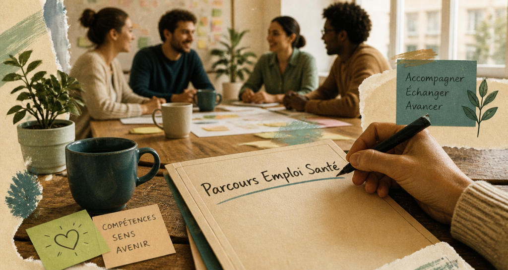 Parcours emploi santé, dossier sur table et groupe en réunion