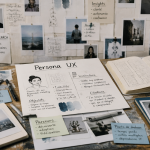 Table de studio avec fiches persona UX, post-its et photos