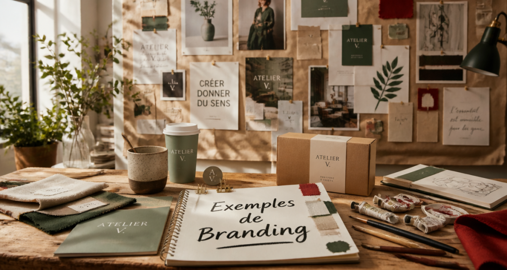 branding exemple en studio créatif avec moodboard et carnets