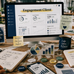 Customer engagement dashboard et équipe en open space