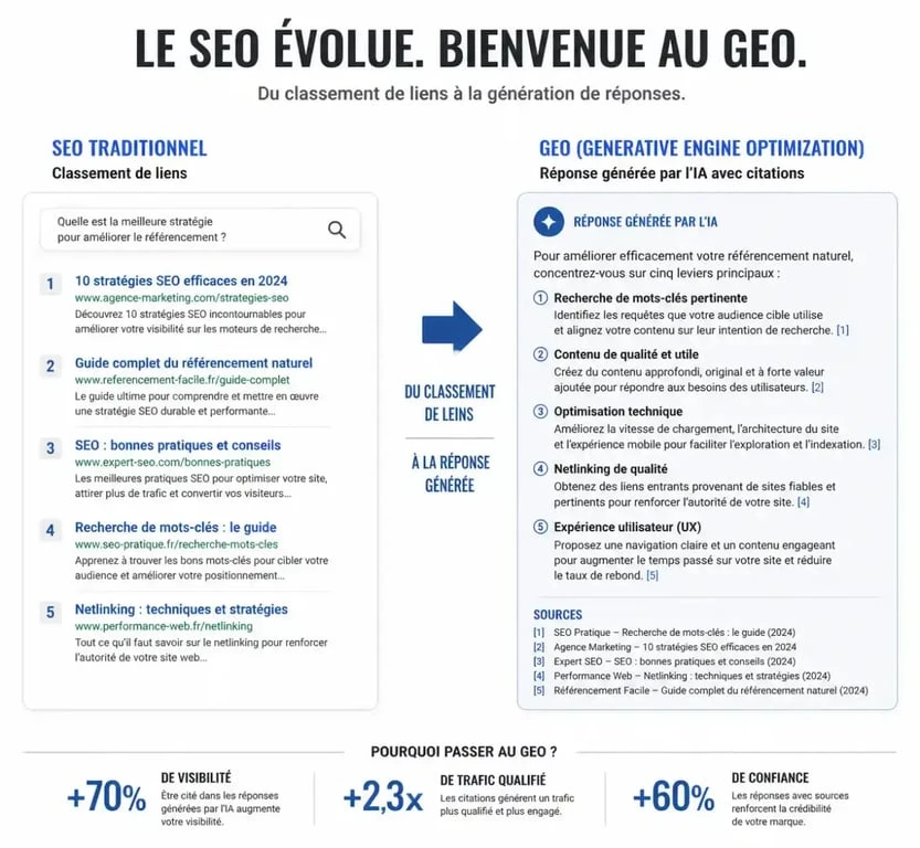 Infographie comparative SEO classique vs Generative Engine Optimization (GEO) pour ChatGPT