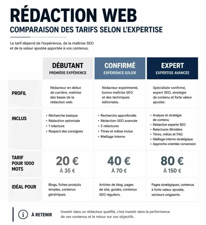 Infographie comparative des tarifs de rédaction web selon l'expertise du rédacteur