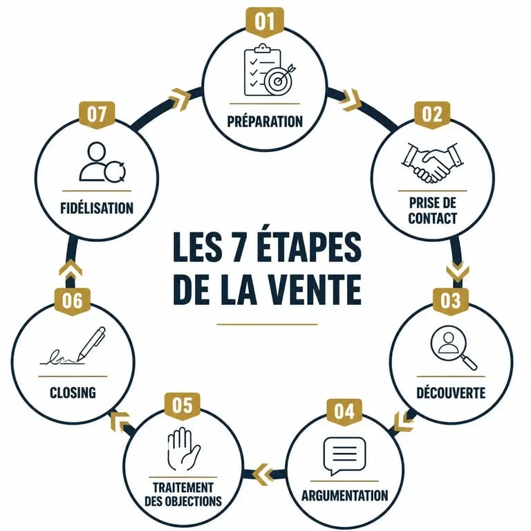 Infographie des 7 étapes de la vente pour structurer son processus commercial