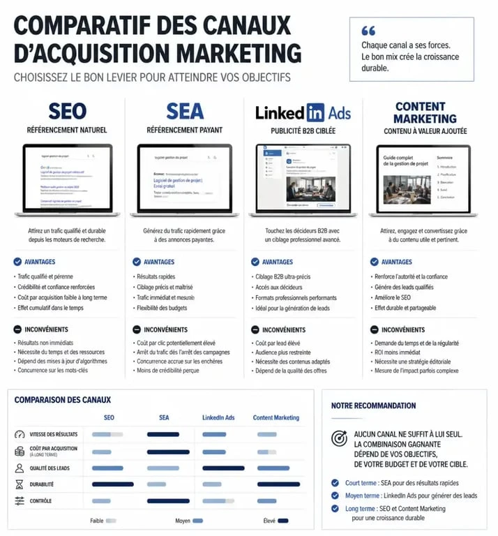 Infographie comparative des canaux de lead acquisition marketing