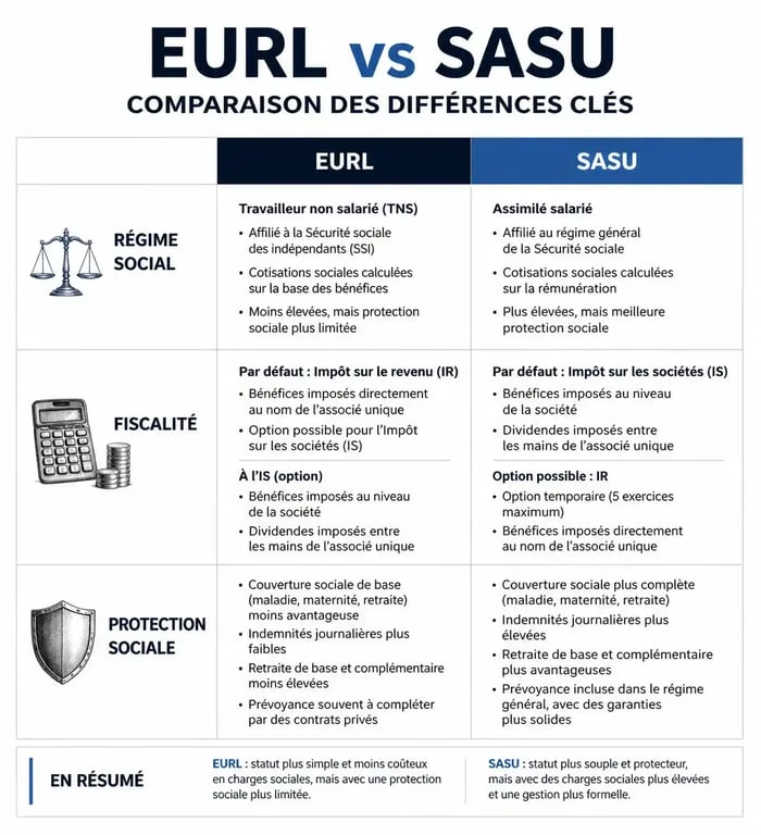 Infographie comparative des différences entre le statut EURL et le statut SASU pour les entrepreneurs