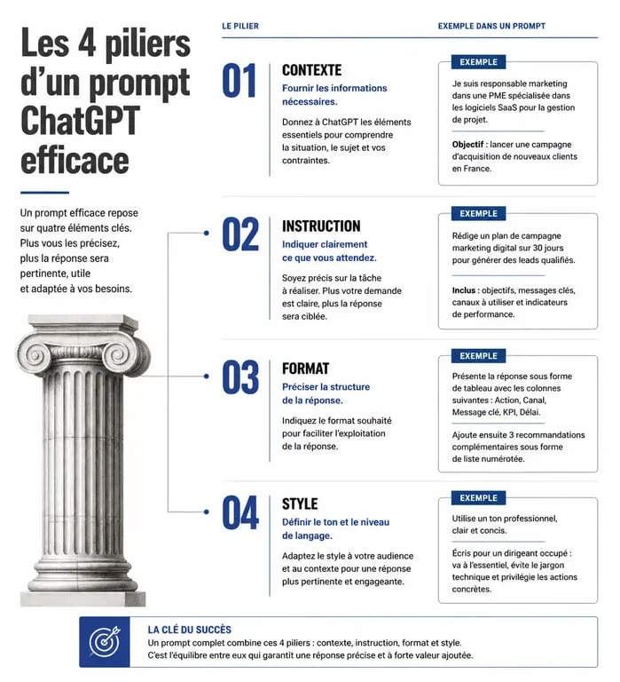 Infographie illustrant les 4 piliers pour rédiger le meilleur prompt ChatGPT
