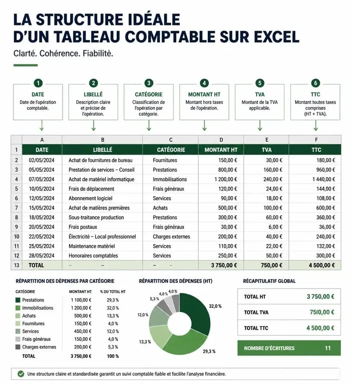 Structure idéale d'un tableau comptable Excel gratuit pour TPE et indépendants