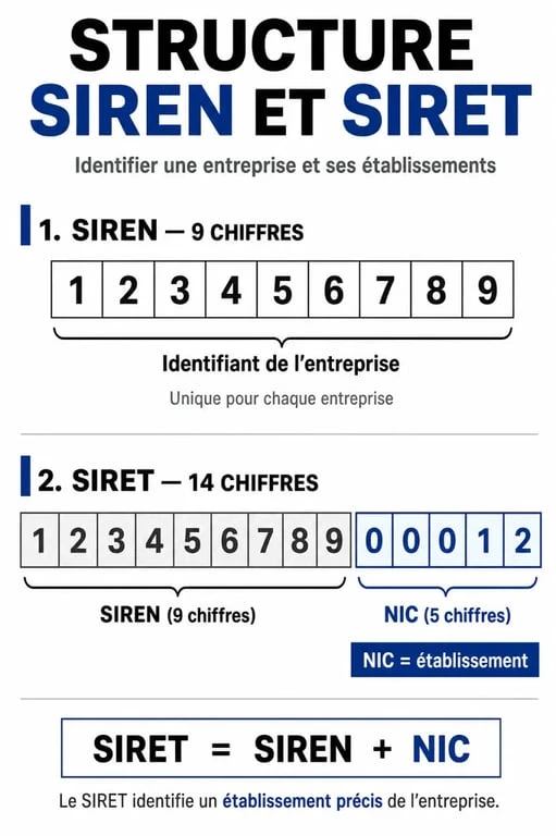 Schéma comparatif de la structure des numéros SIREN et SIRET pour les entreprises françaises