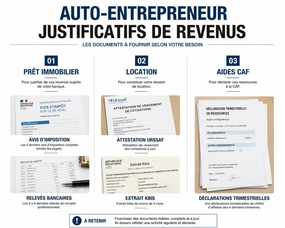 Infographie des justificatifs de revenus pour auto-entrepreneur : documents pour prêt, location et aides