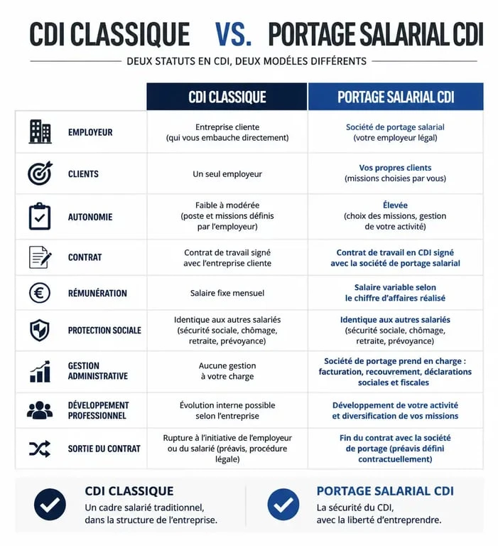 Tableau comparatif entre CDI classique et portage salarial CDI pour les experts indépendants