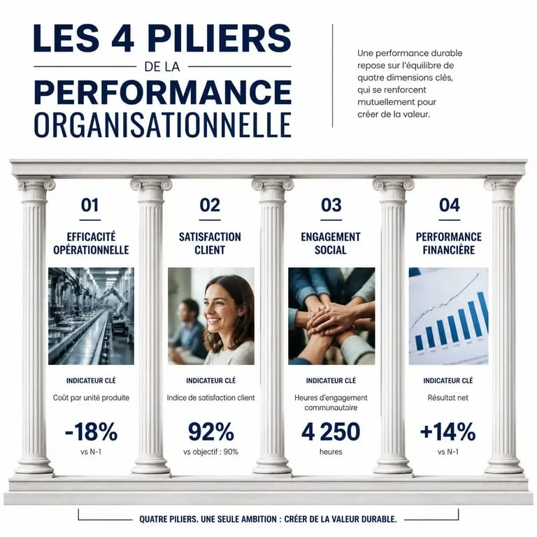 Infographie des quatre piliers de la performance organisationnelle : efficacité, satisfaction, engagement social et rentabilité.