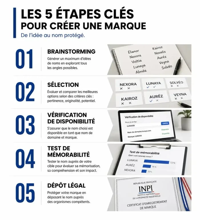 Infographie des étapes pour trouver un nom de marque et protéger sa propriété intellectuelle