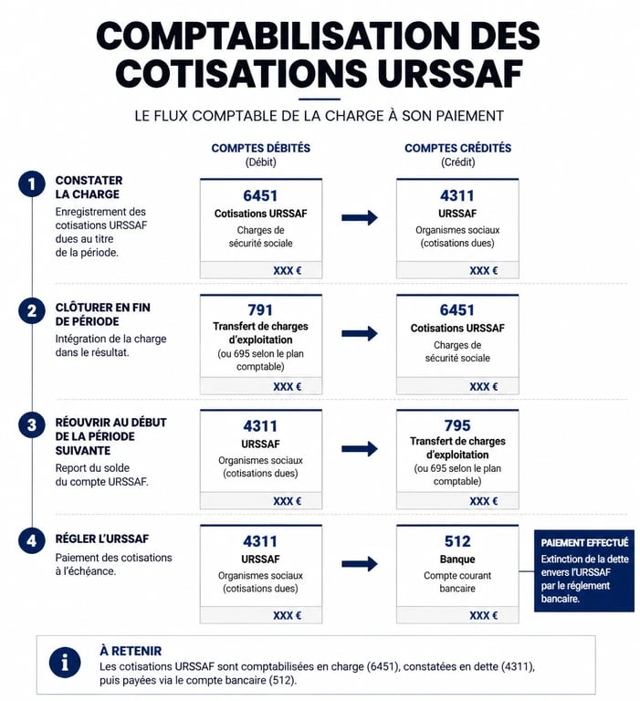 Schéma comptable des cotisations URSSAF : comptes 6451, 431 et 512