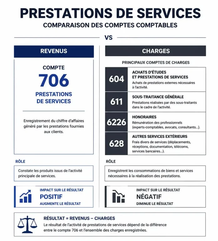 Tableau récapitulatif des comptes comptables pour la prestation de service : 706, 604, 611, 6226