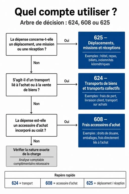 Infographie comparative pour la comptabilisation des frais de transport : compte 624, 608 et 625