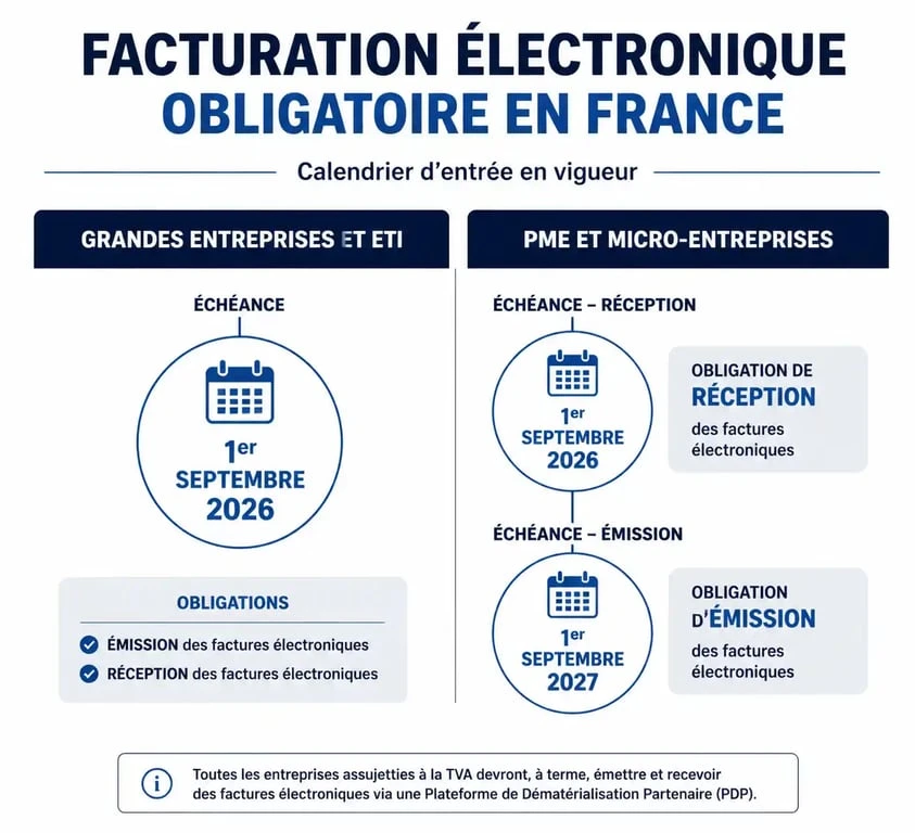 Calendrier de la facture électronique obligatoire 2023 et échéances 2026-2027 pour les entreprises françaises