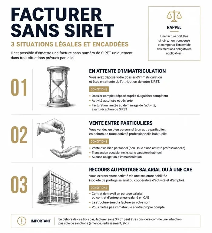 Infographie récapitulative des conditions légales pour facturer sans numéro SIRET en France