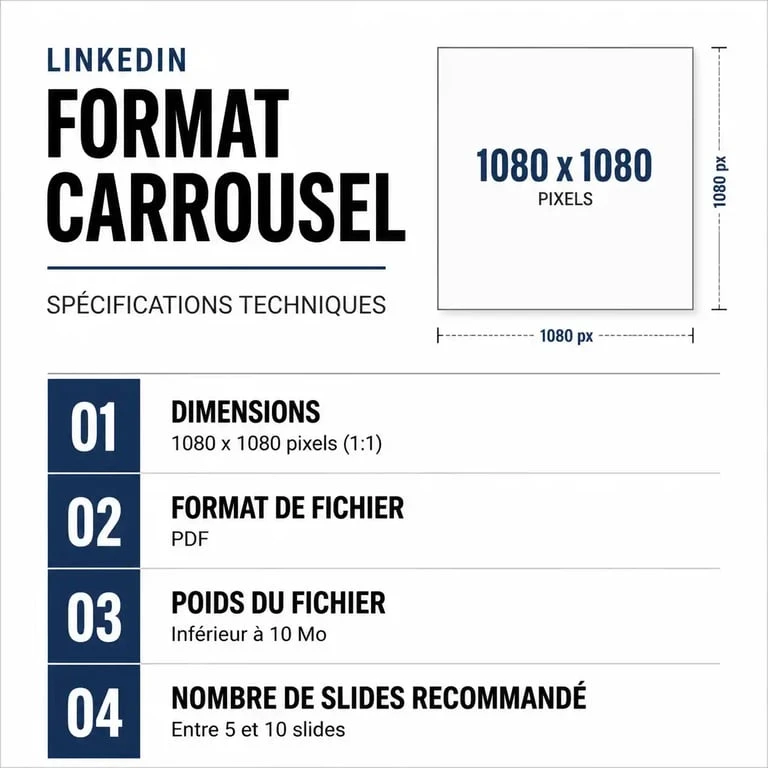 Infographie des spécifications techniques pour créer un carrousel LinkedIn performant