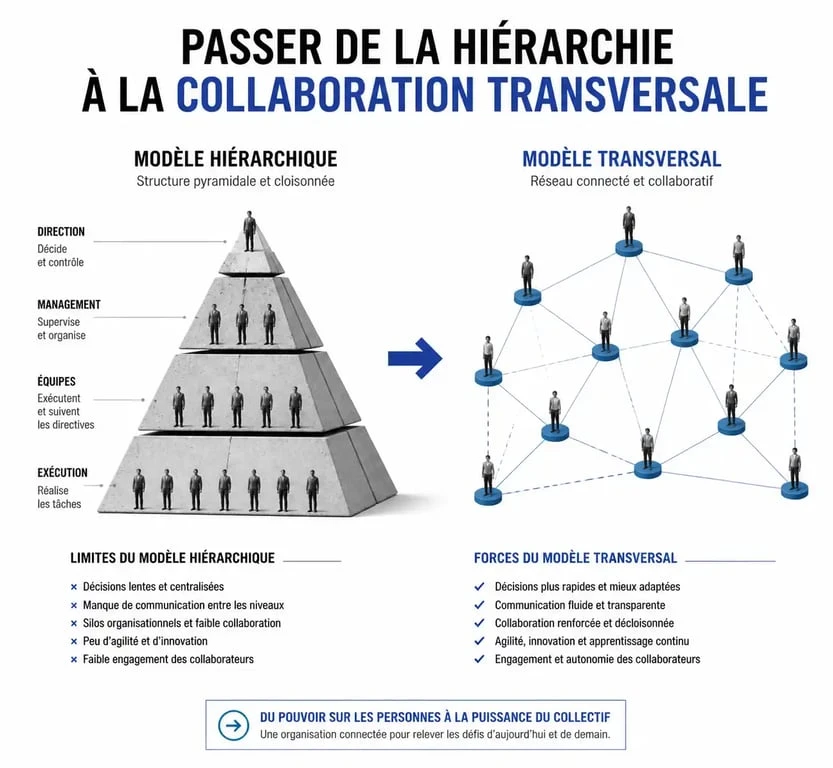 Schéma illustrant le passage d'une organisation en silos à une structure de travail en transversalité efficace.