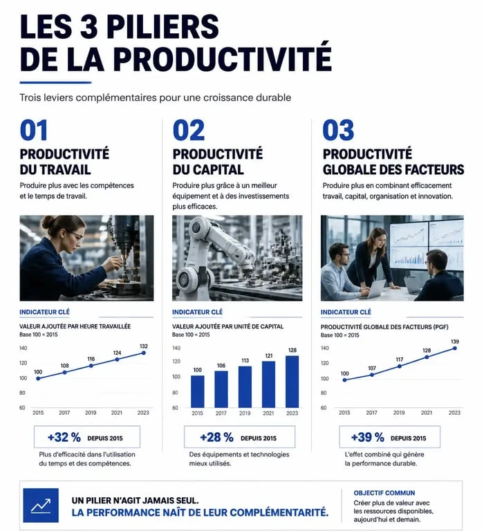 Schéma explicatif des piliers et facteurs influençant le gain de productivité en entreprise