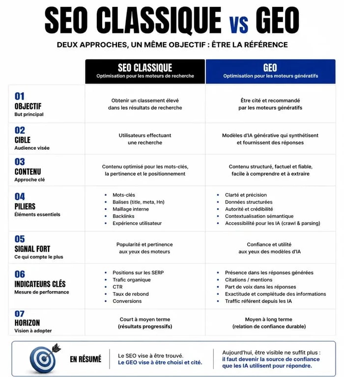 Comparatif SEO classique vs référencement ChatGPT (GEO)