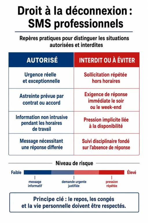 Infographie sur le droit à la déconnexion et la réception de SMS en dehors des heures de travail