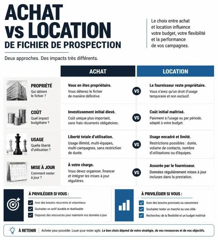 Infographie comparative achat vs location de fichier de prospection pour le marketing B2B