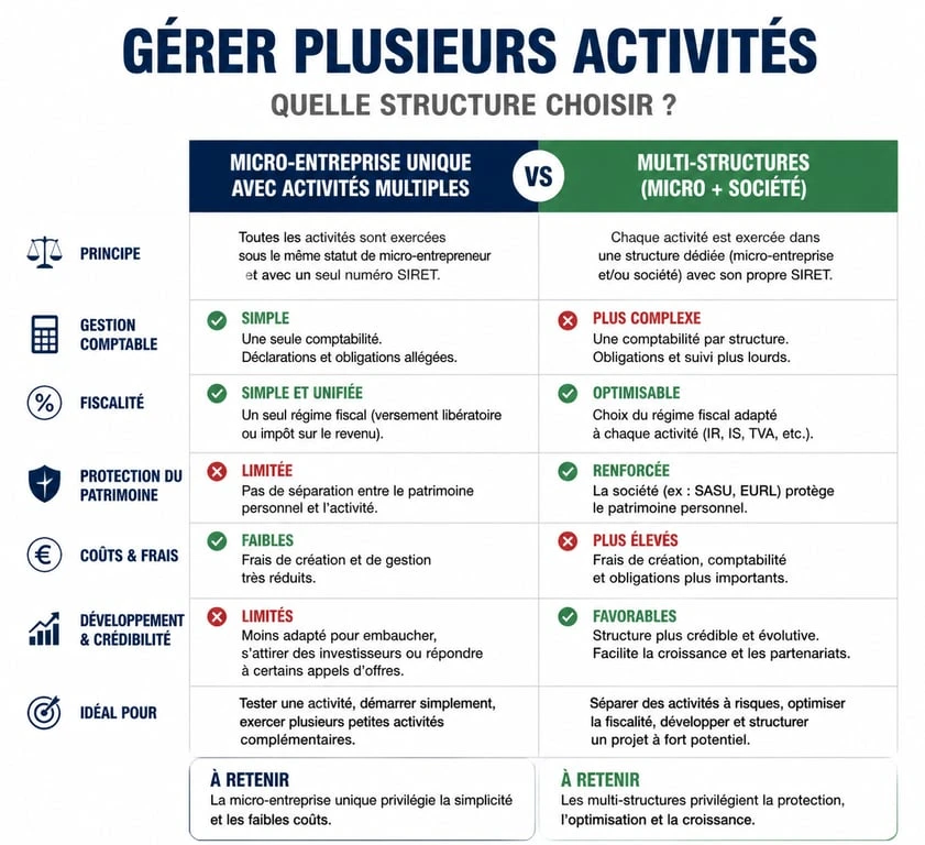Comparatif des options pour gérer plusieurs activités en micro-entreprise et société