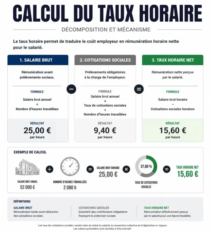Infographie explicative sur comment calculer son taux horaire pour salarié et indépendant