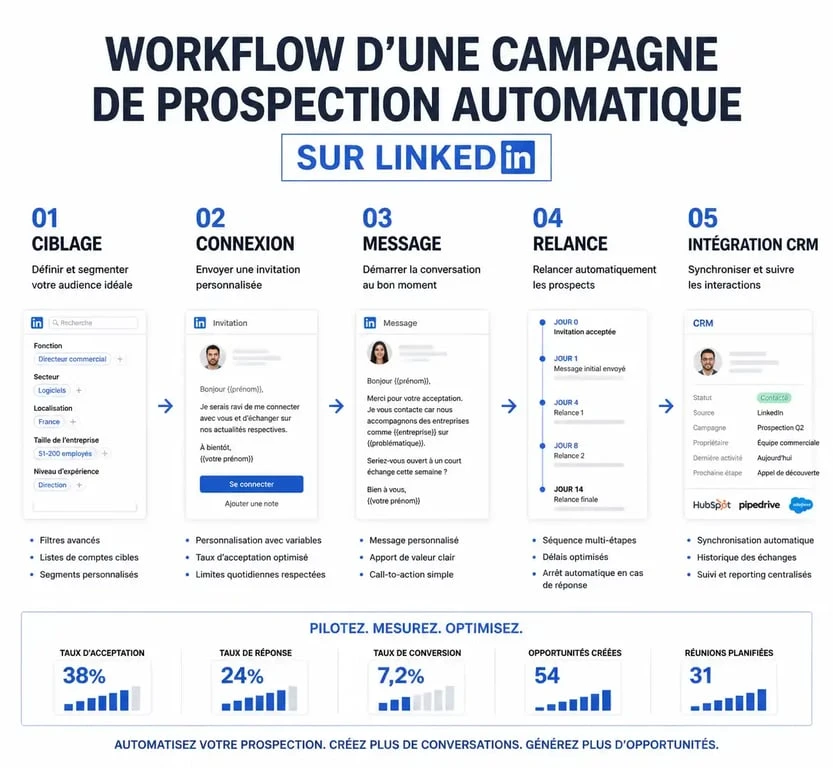 Schéma du workflow de prospection automatique LinkedIn pour une stratégie efficace