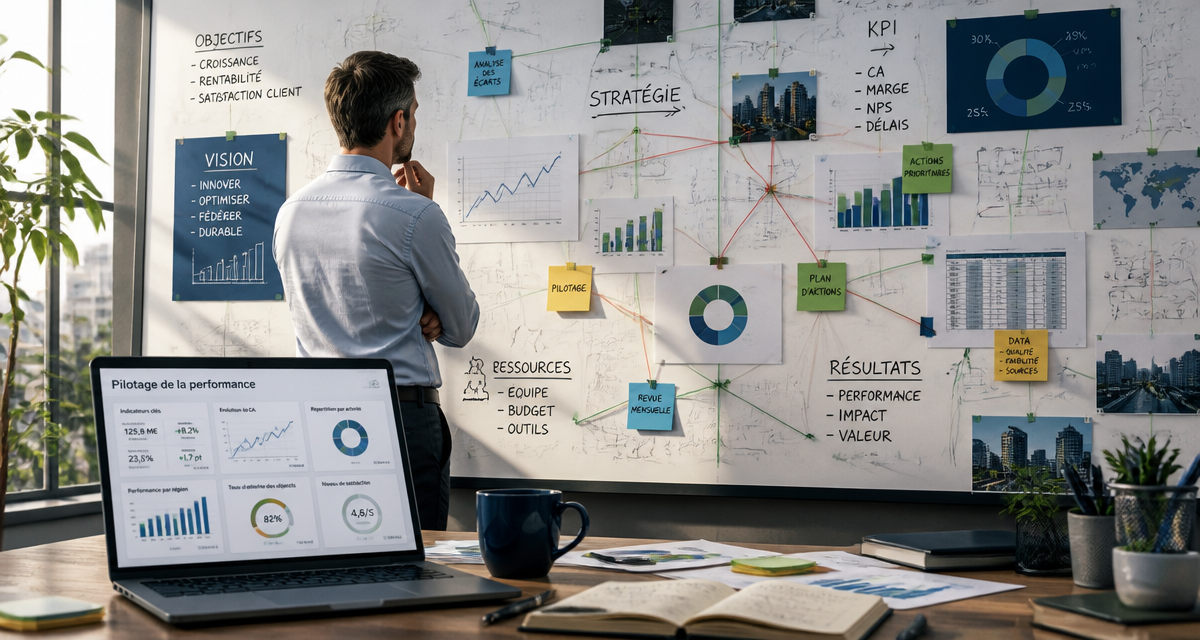 Management tableau de bord en action dans un bureau moderne