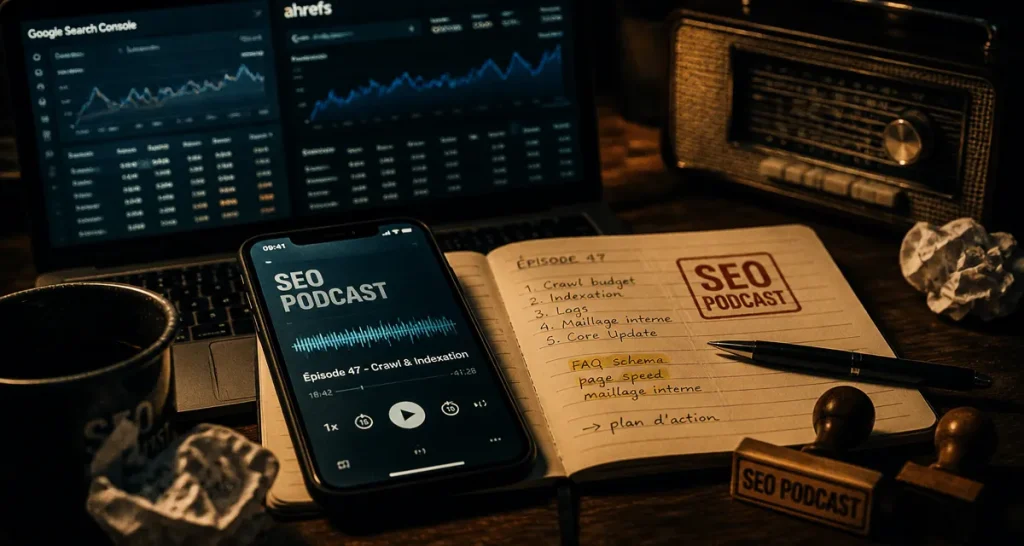 Podcast seo : bureau avec lecteur audio et outils SEO pour référencement