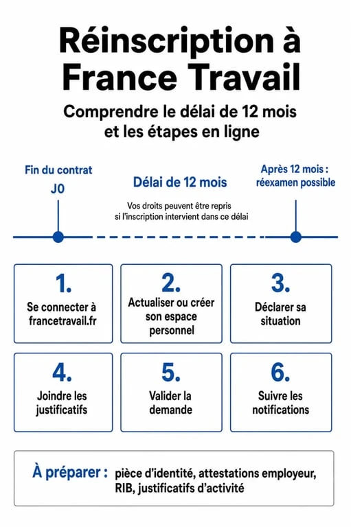 Infographie du processus et des délais de réinscription à France Travail pour les demandeurs d'emploi