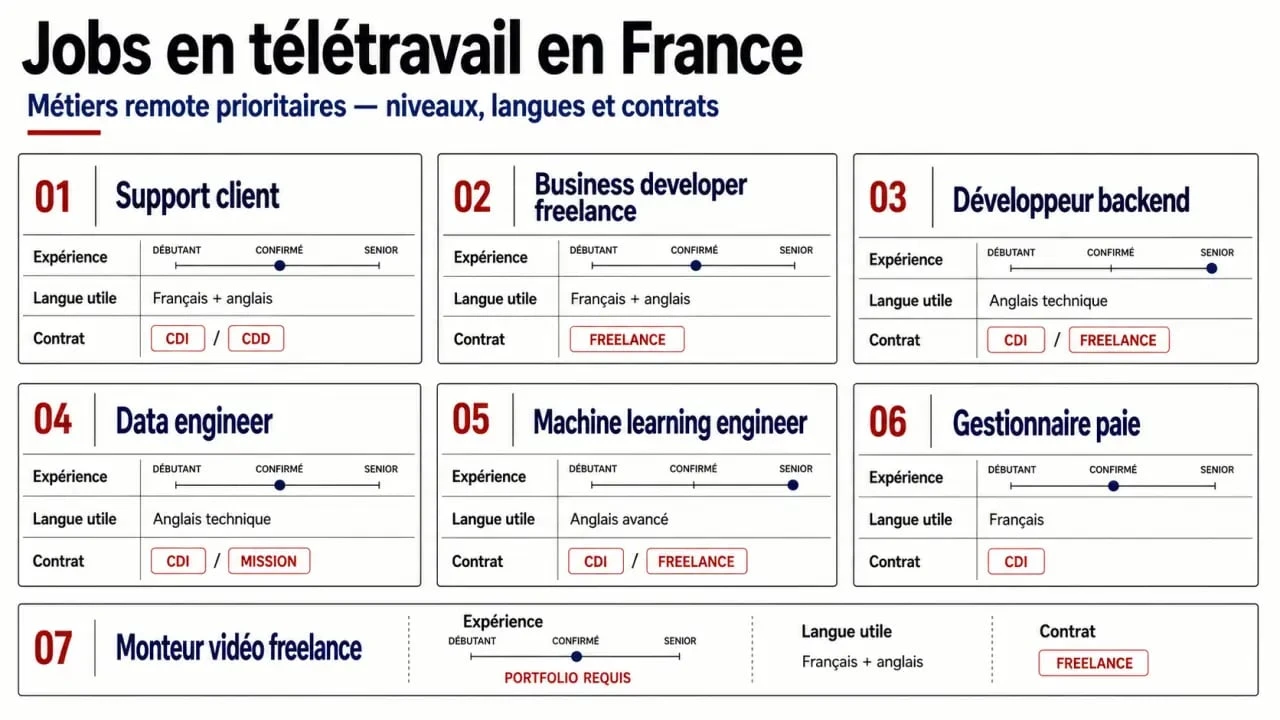 Work from home jobs France : infographie des métiers remote à viser depuis la France