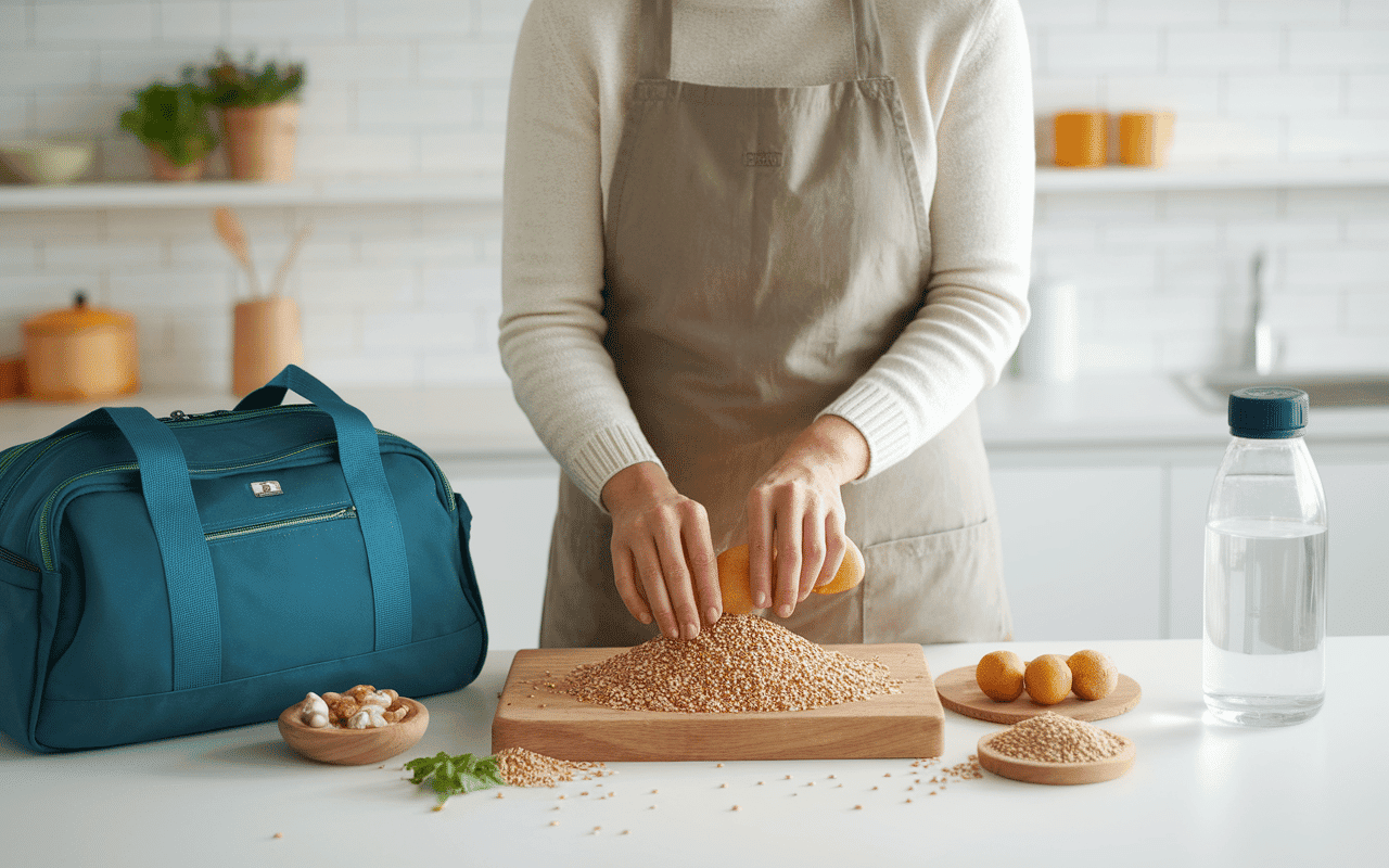Personne avec barre de cereale flocon d avoine et sac de sport