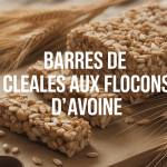 Barre de cereale flocon d avoine coupee sur planche avec fruits secs