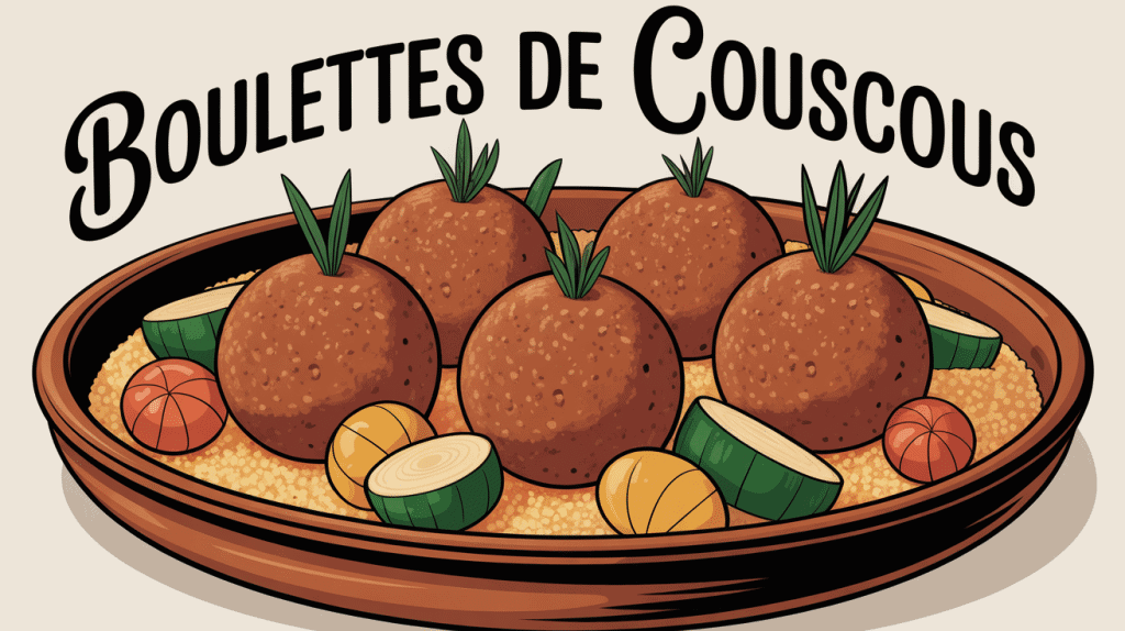 boulette couscous sur semoule et légumes plat terre cuite