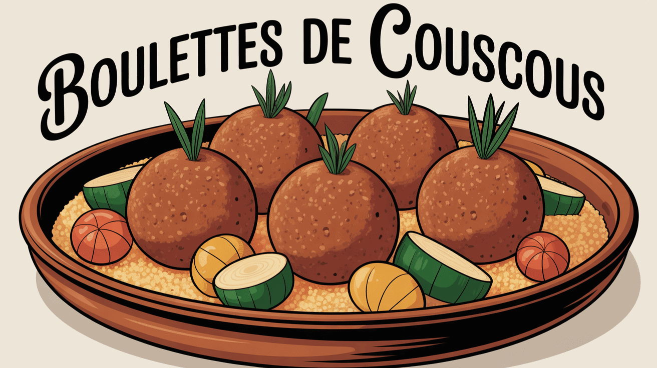 boulette couscous sur semoule et légumes plat terre cuite