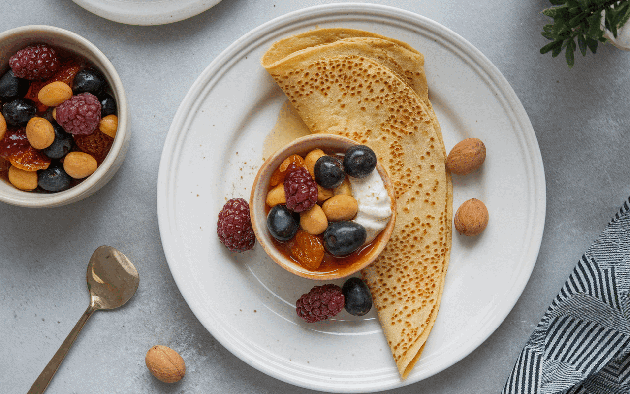 Crêpe au sarrasin sucrée avec confiture de figues et noix