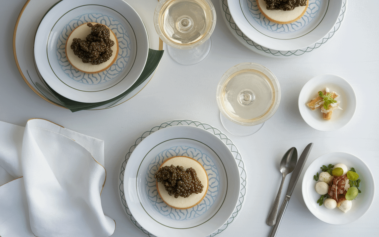 Caviar de la Méditerranée dégustation sur blinis et vin blanc