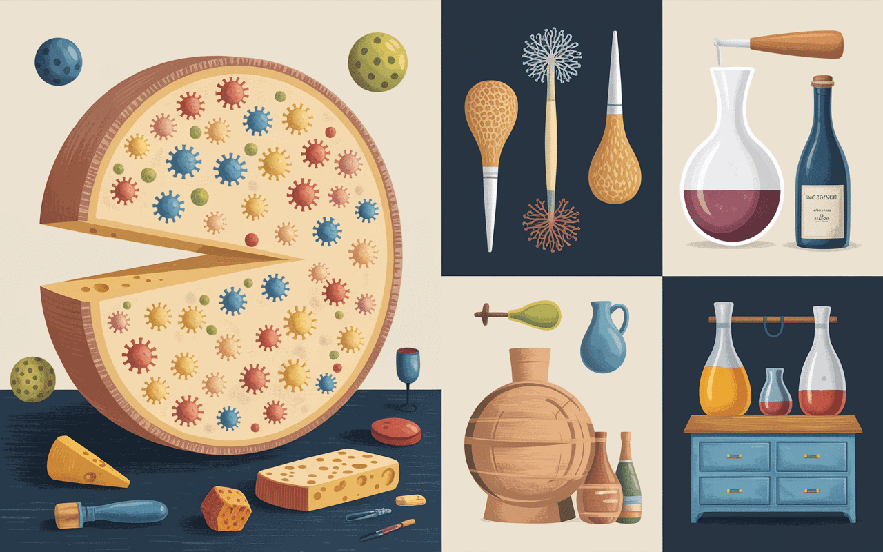 Coupe de fromage fermenté montrant micro-organismes et processus de fermentation