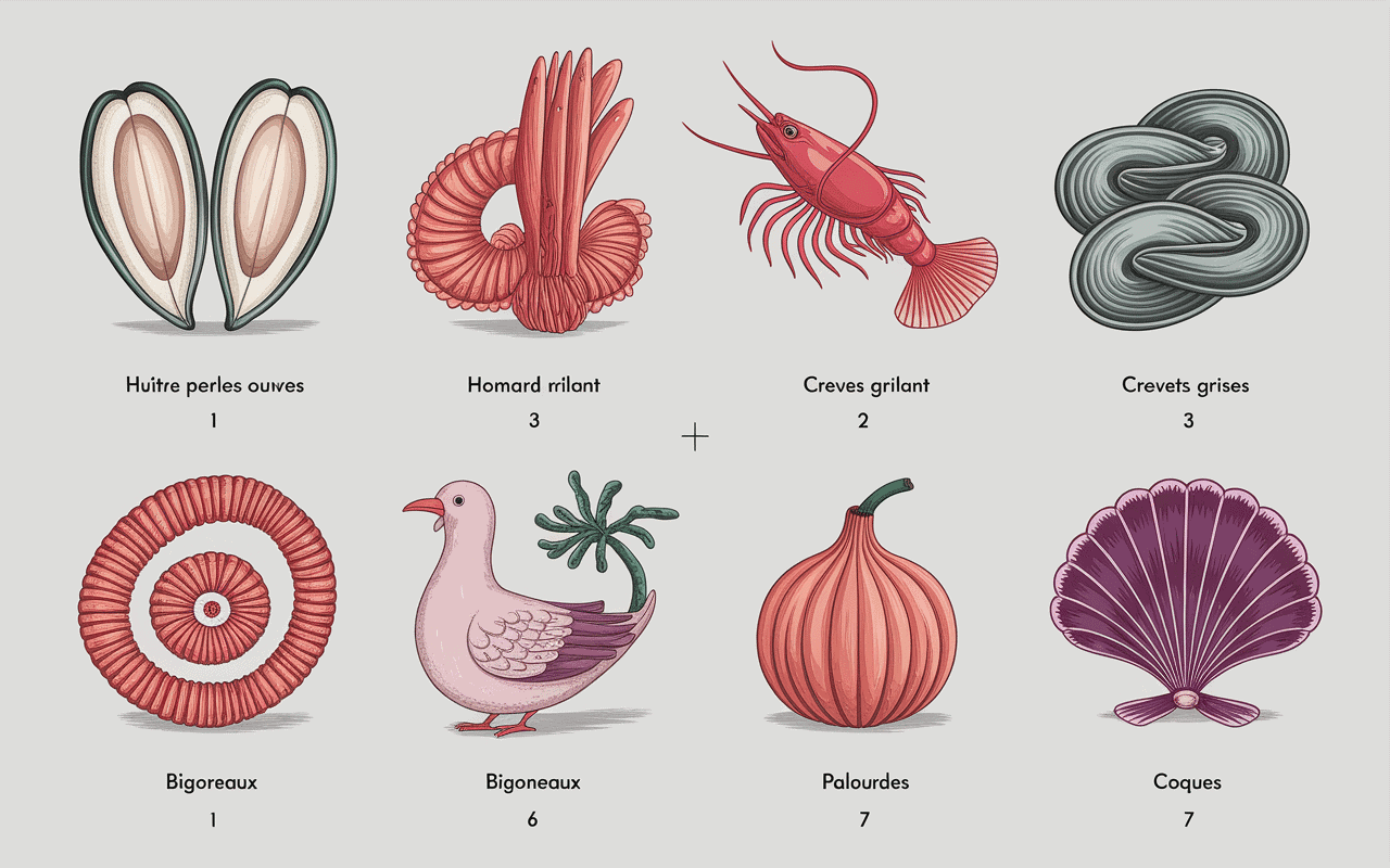 Sept fruits de mer top 7 disposés en illustration