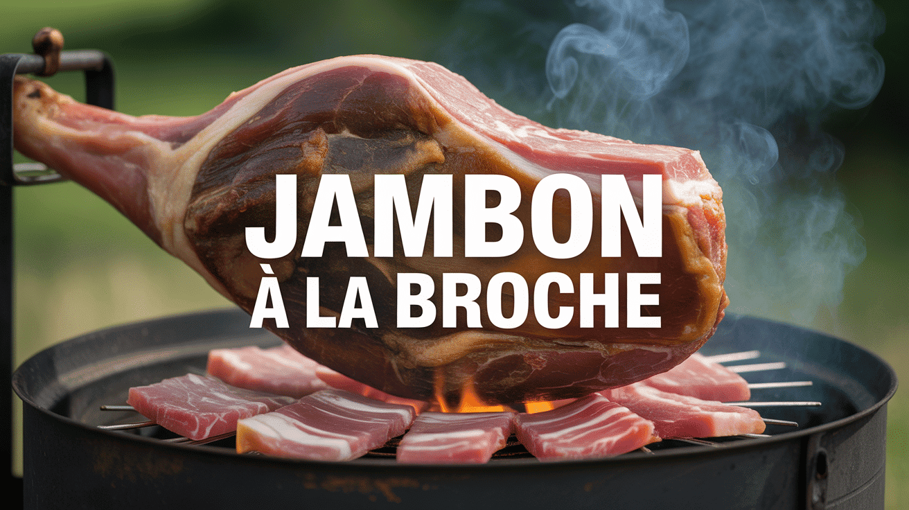 Jambon a la broche doré sur braises cuisson plein air