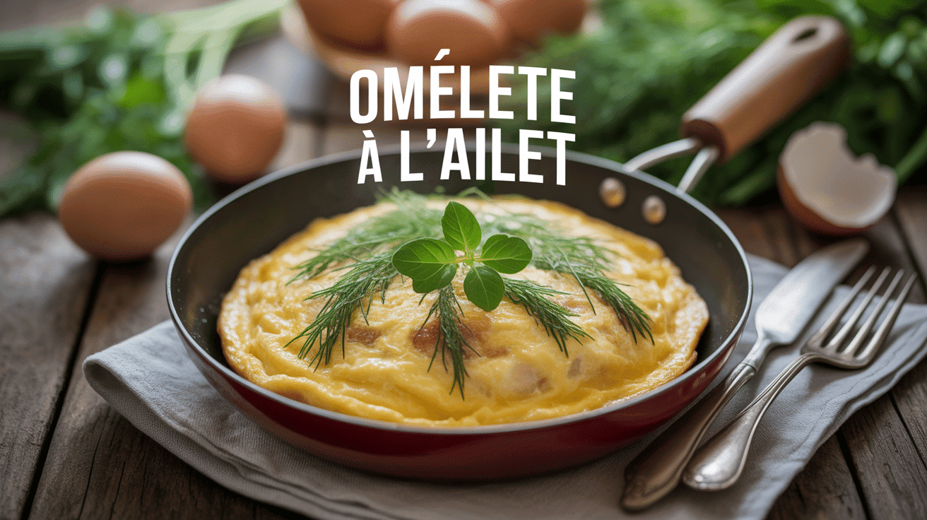 Omelette à l'aillet dorée en poêle, œufs et herbes