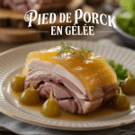 Pied de porc en gelée sur assiette élégante avec salade
