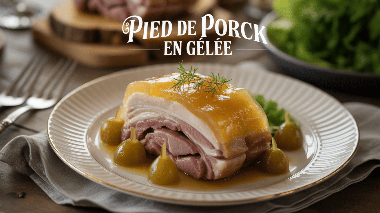 Pied de porc en gelée sur assiette élégante avec salade