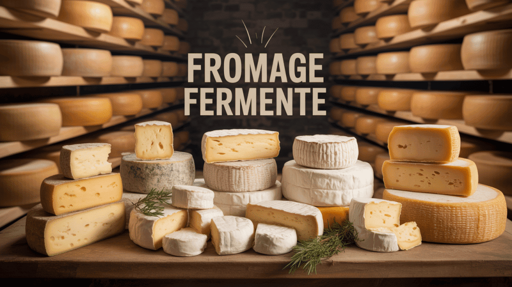 Plateau de fromage fermenté avec meules et caves d'affinage artisanales