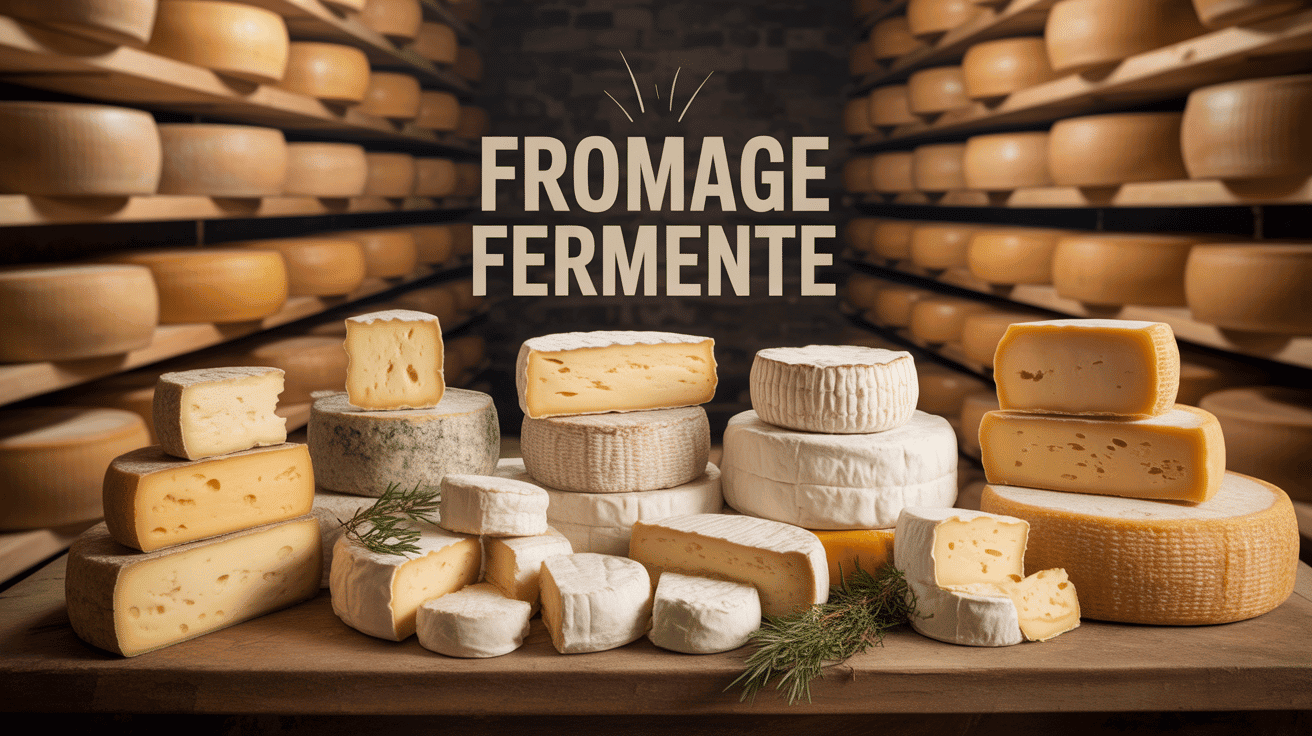 Plateau de fromage fermenté avec meules et caves d'affinage artisanales