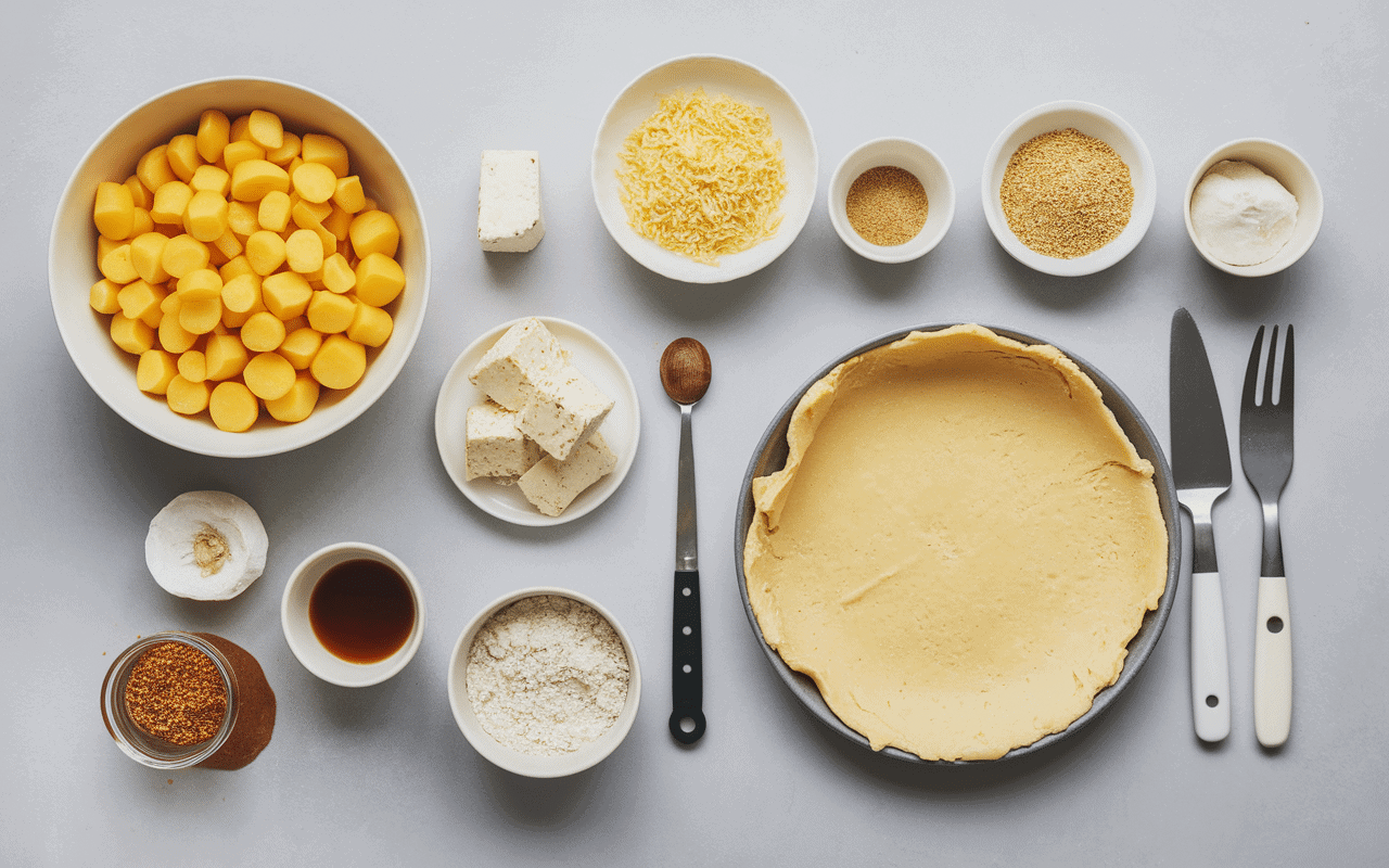 Ingrédients tourte pomme de terre fromage sur plan de travail